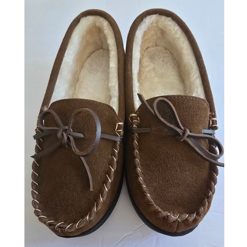 Isotoner Womens Brown Genuine Suede Moccasin Slippers Faux Fur Lined Size 7.5-8